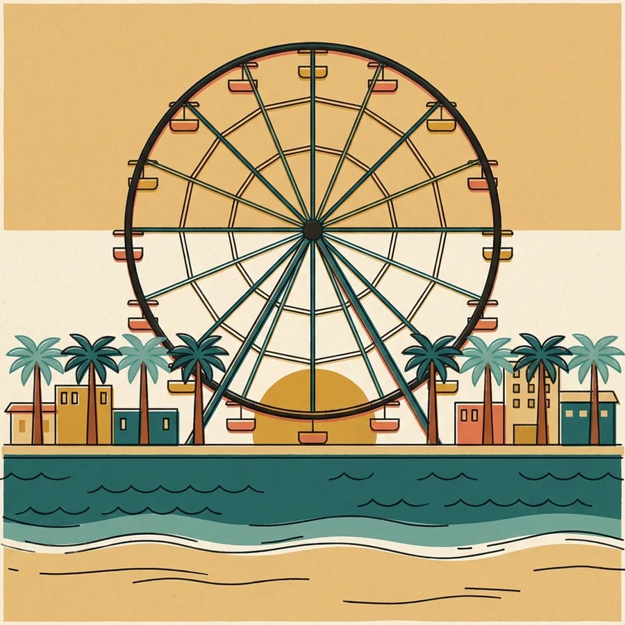 The Ferris wheel on Batumi's seafront at golden hour, drawn as a 1970s travel poster